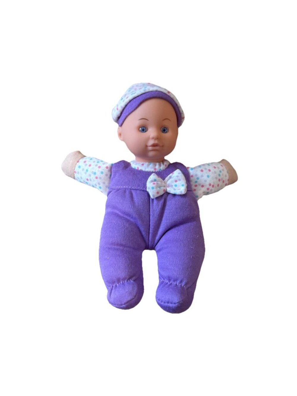 Toysmith Mini Baby Doll 8”- Soft Body, Blue Eyes, Purple Outfit Hat